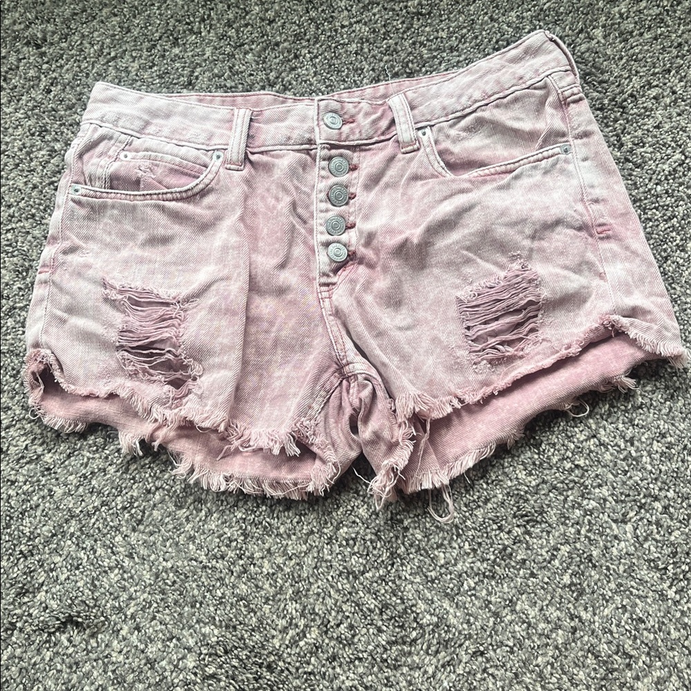 We The Free People Size 29 washed maroon Distressed Denim Button Fly Shorts